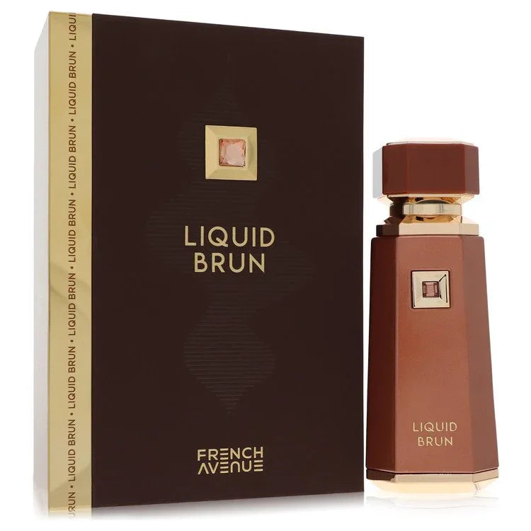 Brown perfume bottle and packaging with 'Liquid Brun' and 'French Avenue' text on a white background