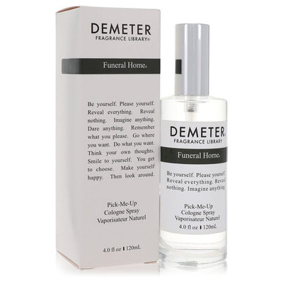 Demeter Fragrance Library 'Funeral Home' cologne spray bottle and packaging on a white background