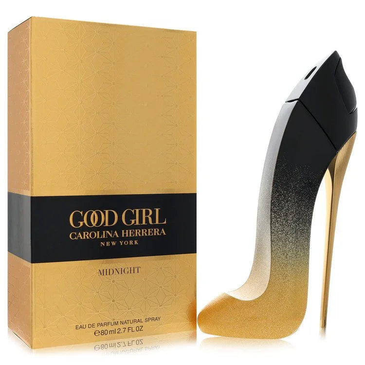 Carolina Herrera Good Girl Midnight perfume box and high-heeled shoe on a white background