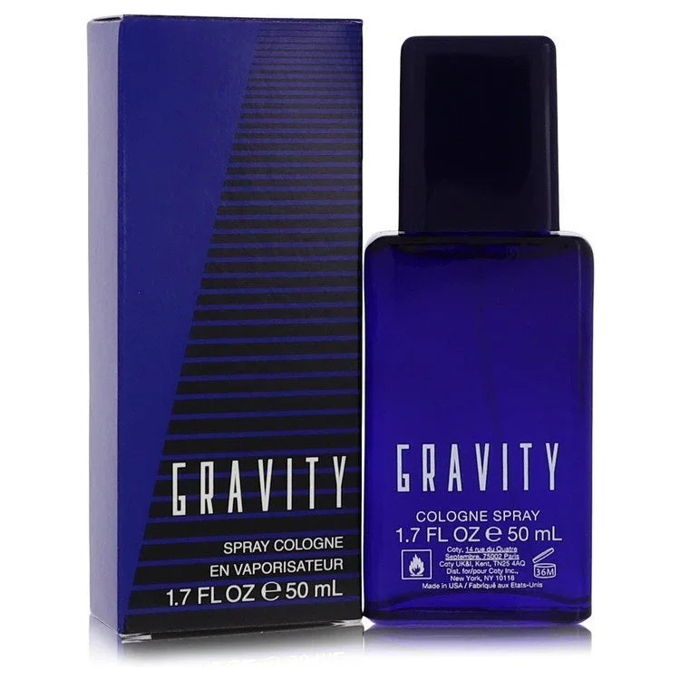 Blue 'Gravity' cologne spray bottle and packaging on a white background