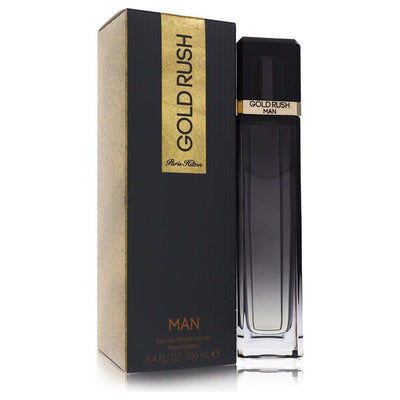 Paris Hilton Gold Rush Man Eau de Toilette bottle — woody aromatic men's cologne with bergamot, black pepper, cardamom, lavender, vetiver, sandalwood, amber, and tonka bean notes.
