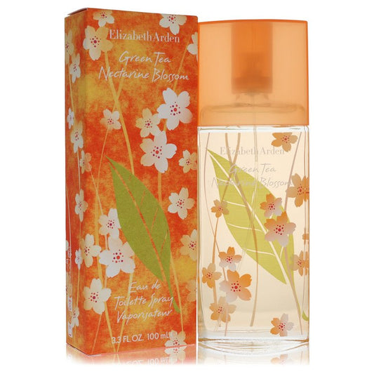 Elizabeth Arden Green Tea Nectarine Blossom luxury perfume bottle showing a clear glass structure with subtle leaf designs — a refreshing fruity floral fragrance showcasing nectarine, peach, green tea, and soft amber accords