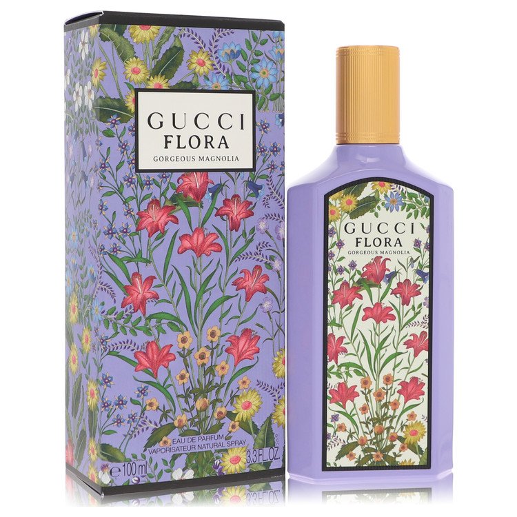 Gucci Flora perfume bottle and packaging with floral design on a white background