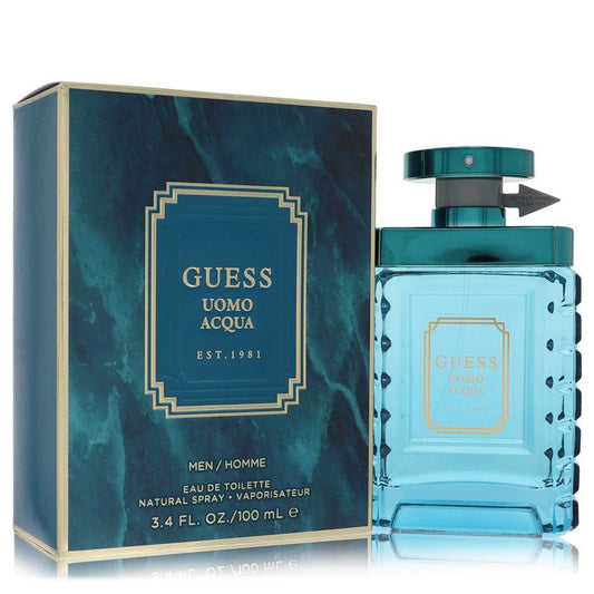 Guess Uomo Acqua bottle - woody aromatic fragrance with lemon, cucumber, cardamom, sage, and sea moss