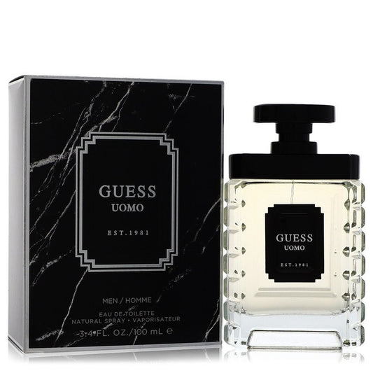 Guess Uomo bottle - amber fougere fragrance with grapefruit, lavender, cardamom, dark woods, and amber
