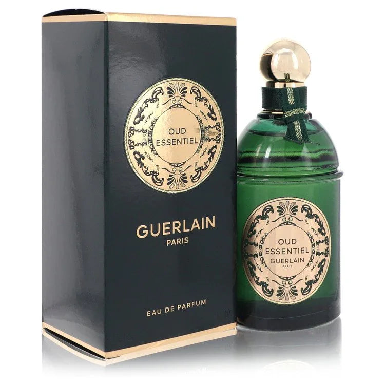 Guerlain Oud Essentiel perfume bottle and packaging on a white background