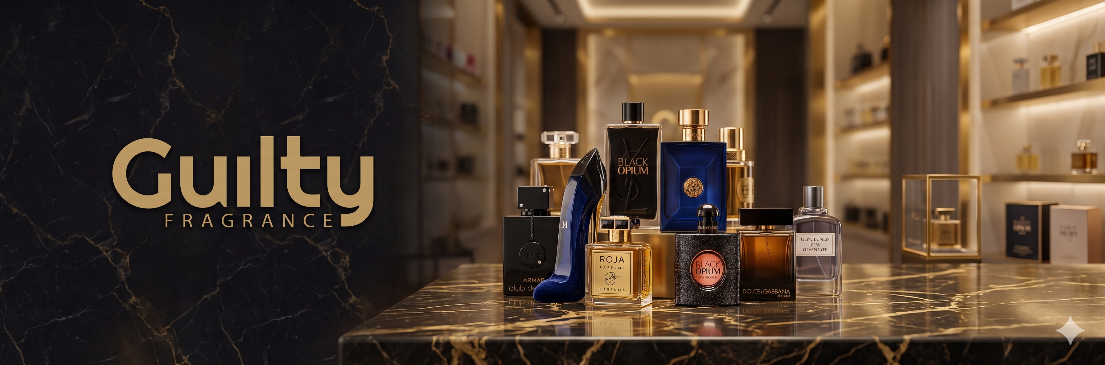 GuiltyFragrance.com fragrance collection on a marble surface with a dark background