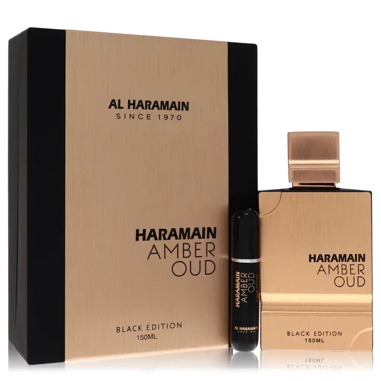 Haramain Amber Oud perfume bottle and packaging on a white background