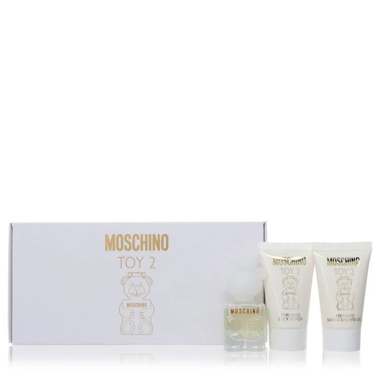 Moschino Toy 2 perfume set with a small bottle and two larger containers on a white background