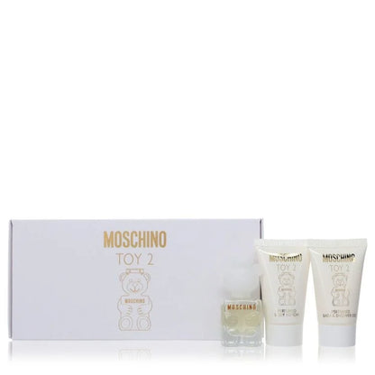 Moschino Toy 2 perfume set with a small bottle and two larger containers on a white background