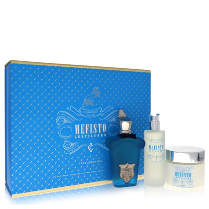 Mefisto Gentleman's Kit with blue box, perfume bottle, and other items on a white background