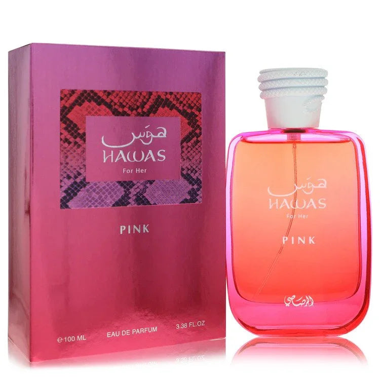 Hawas Pink perfume bottle and packaging on a white background