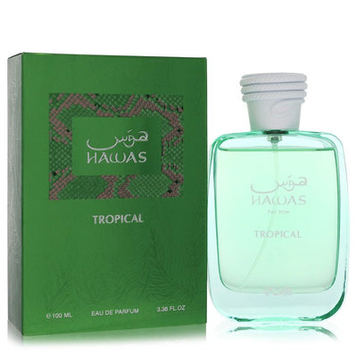 Rasasi Hawas Tropical Eau de Parfum bottle — luxury men's aromatic green fragrance featuring unique notes of coconut water, fresh fig leaf, fig fruit, and mint