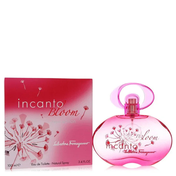 Pink Salvatore Ferragamo Incanto Bloom perfume bottle and packaging on a white background