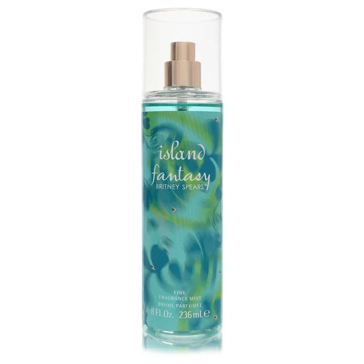 Bottle of Island Fantasy fragrance mist by Britney Spears on a white background