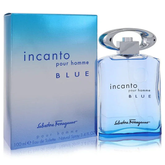 Salvatore Ferragamo Incanto pour homme Blue perfume bottle and packaging on a white background