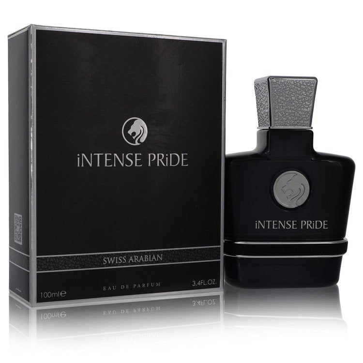 Swiss Arabian Intense Pride luxury signature heavy glass bottle showcasing its intricate gold architectural detailing and premium branding against a clean display backdrop