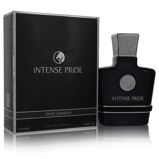 Swiss Arabian Intense Pride luxury signature heavy glass bottle showcasing its intricate gold architectural detailing and premium branding against a clean display backdrop
