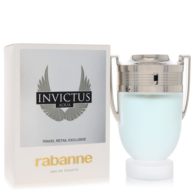 Invictus Aqua Rabanne perfume bottle and packaging on a white background