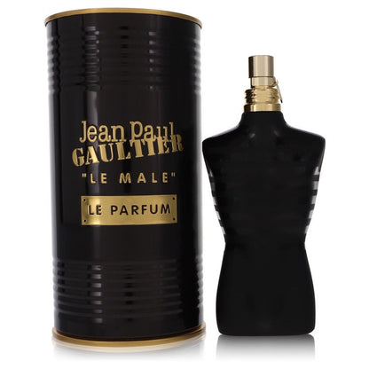 Black and gold Jean Paul Gaultier Le Male perfume bottle and packaging on a white background