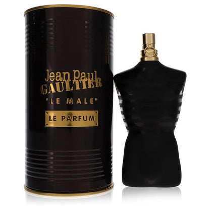 Black and gold Jean Paul Gaultier Le Male perfume bottle and packaging on a white background