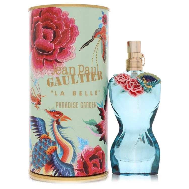Jean Paul Gaultier La Belle Paradise Garden perfume bottle and packaging with floral design.