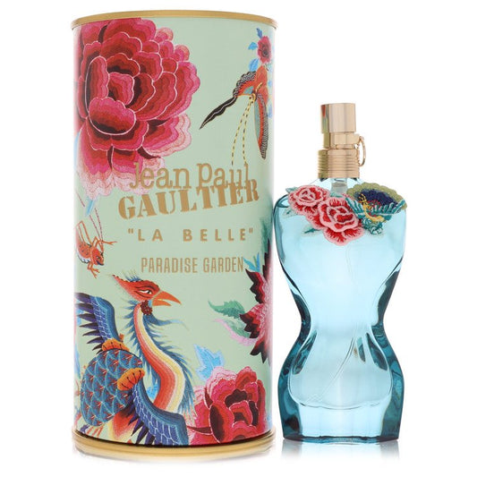 Jean Paul Gaultier La Belle Paradise Garden perfume bottle and packaging with floral design.