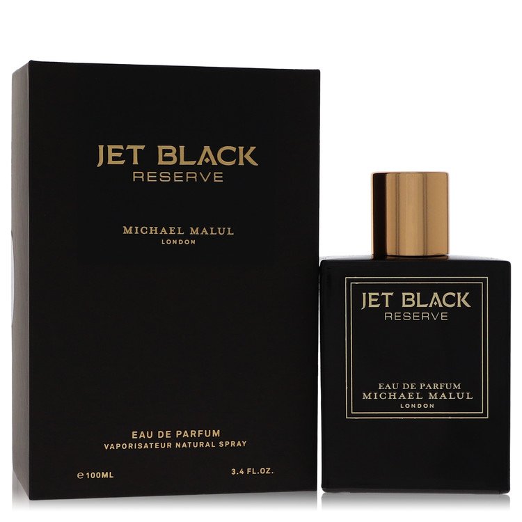 Michael Malul Jet Black Reserve Eau de Parfum bottle in sleek heavy black glass — warm spicy woody amber cologne with apple, lavender, and oud.
