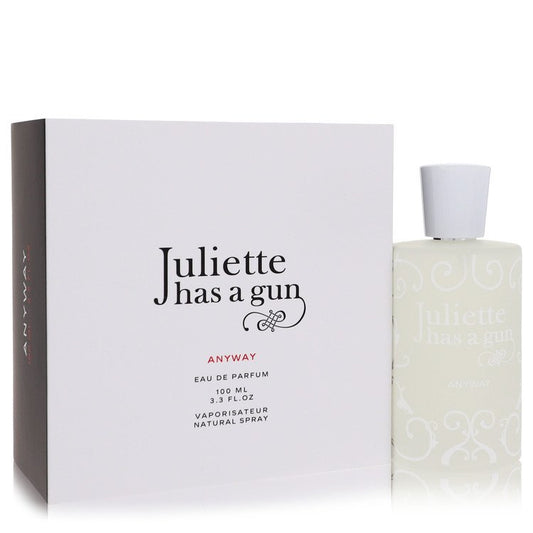 Perfume bottle and packaging of 'Juliette has a gun Anyway' on a white background