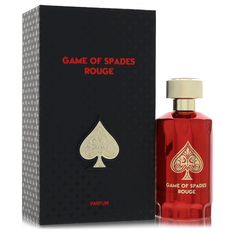 Jo Milano Game of Spades Rouge Parfum bottle — luxury amber woody unisex perfume with orange, jasmine, saffron, amberwood, ambergris, cedar, fir resin, oakmoss, ambroxan, and sugar notes.