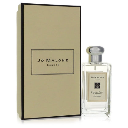 Jo Malone English Pear & Freesia Cologne bottle — fruity floral fragrance with King William pear, white freesia, patchouli, amber, and woods notes. 3.4 oz