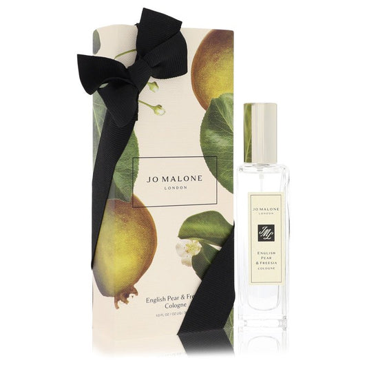 Jo Malone English Pear & Freesia Cologne bottle — fruity floral fragrance with King William pear, white freesia, patchouli, amber, and woods notes.