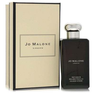 Jo Malone London Vetiver & Golden Vanilla Cologne Intense bottle in dark glass — amber woody fragrance with cardamom, vetiver, and bourbon vanilla.
