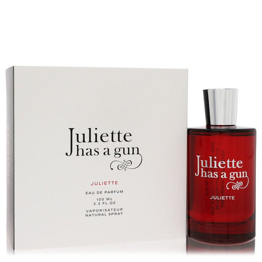Red perfume bottle and packaging of 'Juliette has a gun' on a white background