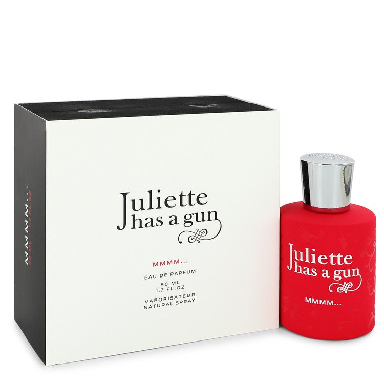 Red perfume bottle with silver cap and black box labeled 'Juliette has a gun' on a white background