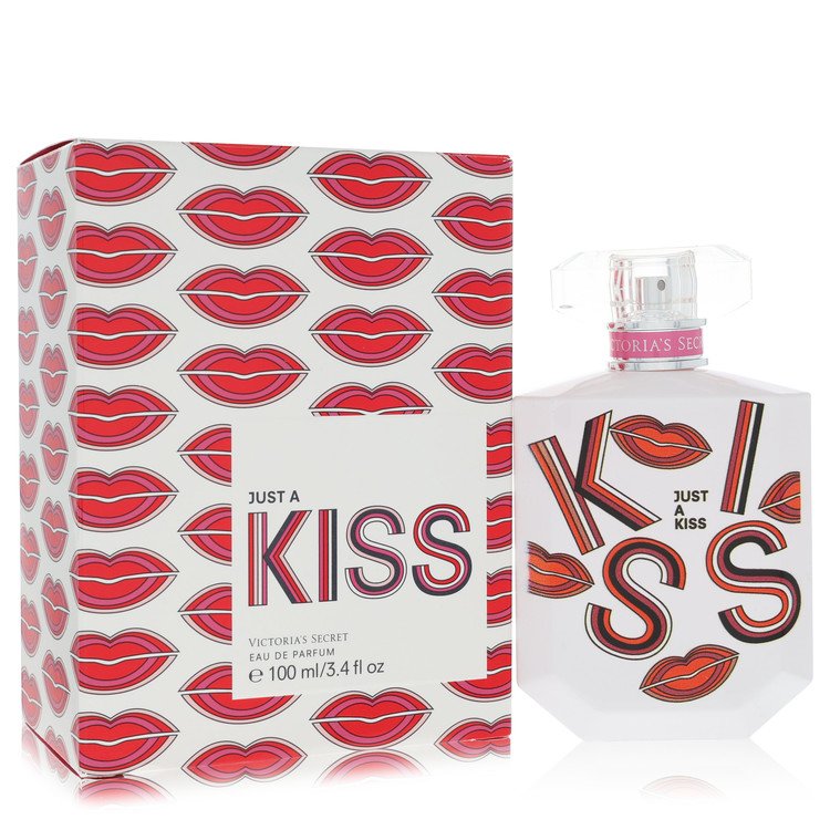 Victoria's Secret 'Just a Kiss' perfume bottle and packaging with red lip design.