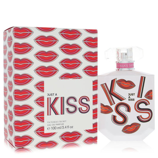 Victoria's Secret 'Just a Kiss' perfume bottle and packaging with red lip design.