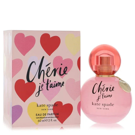 kate spade New York Chérie je t'aime perfume bottle and packaging with heart designs.