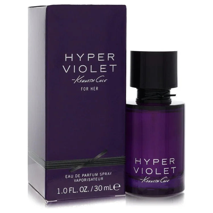 Kenneth Cole Hyper Violet Eau de Parfum bottle in luxury clear glass — floral fruity fragrance with violet, juicy berries, and sandalwood.
