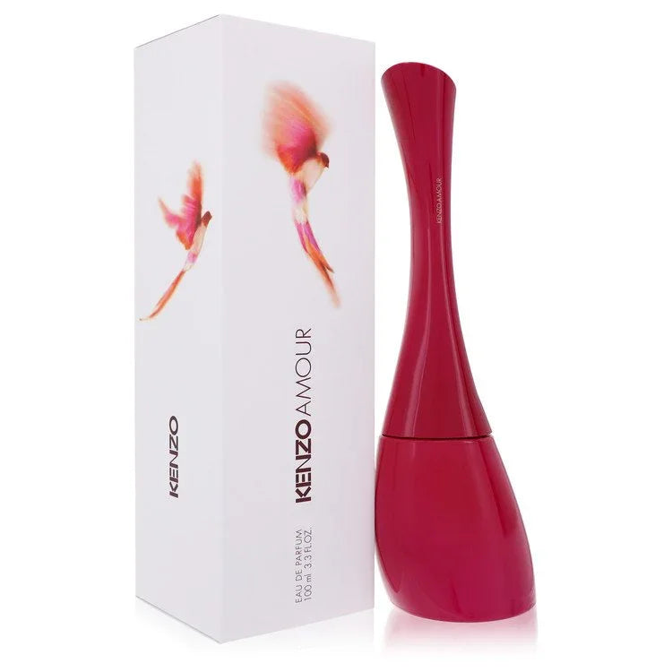 Red Kenzo Amour perfume bottle and packaging on a white background