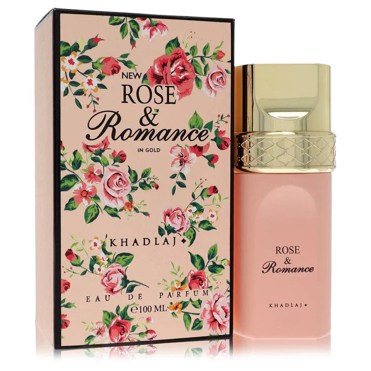 Khadla Rose & Romance perfume bottle with floral packaging on a white background