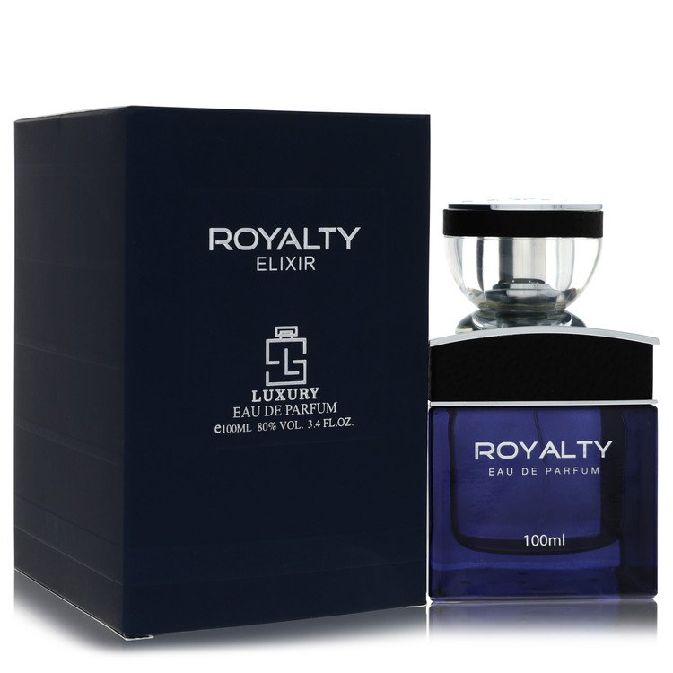 Khalis Royalty Elixir Luxury Collection Eau de Parfum bottle - Middle Eastern oriental woody spicy fragrance with saffron, bergamot, spices, oud, rose, jasmine, musk, amber, sandalwood, and vanilla