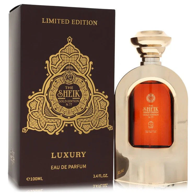 The Sheik Gold Edition N.77 luxury eau de parfum bottle and packaging on a white background