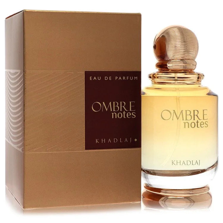 Ombre notes perfume bottle and packaging on a white background