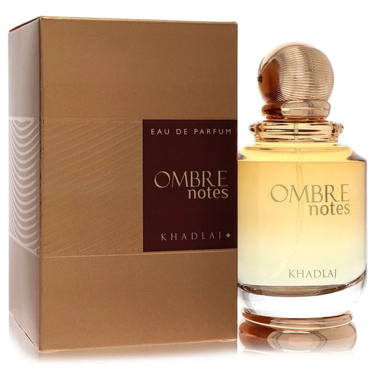 Ombre notes perfume bottle and packaging on a white background