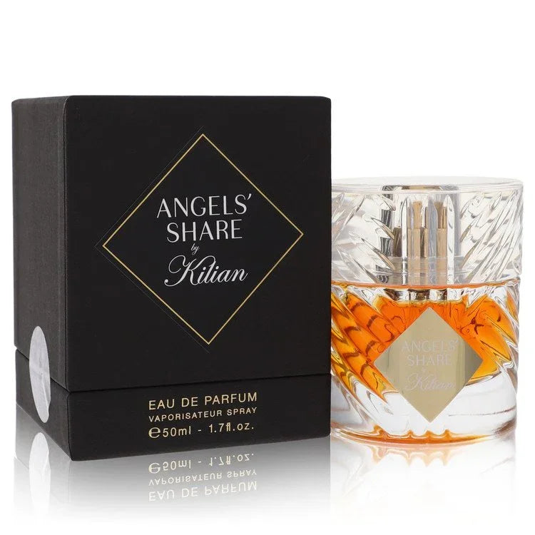 Kilian Angels Share Perfume bottle — luxurious amber woody fragrance with cognac, cinnamon, tonka bean, oak, praline, and vanilla.