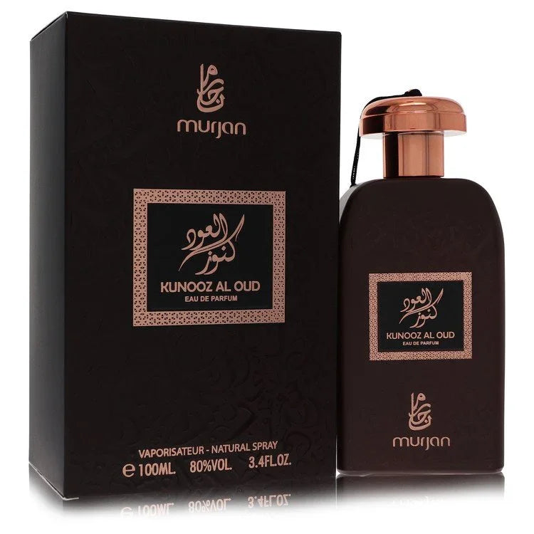 Murjan Kunooz Al Oud perfume bottle and packaging on a white background