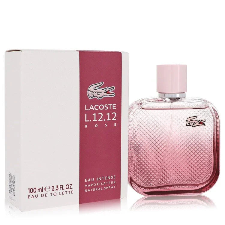 Lacoste L.12.12 Rose perfume bottle and packaging on a white background