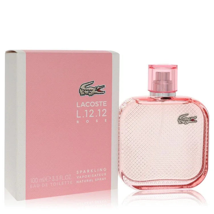 Pink Lacoste L.12.12 Rose perfume bottle and packaging on a white background