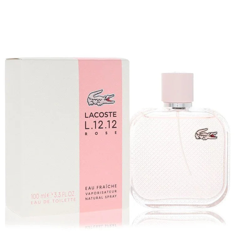 Lacoste L.12.12 Rose perfume bottle and packaging on a white background